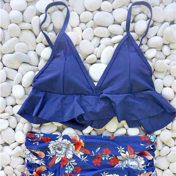 NWT: High Waist Navy & Floral Ruffle Two Piece Bikini - Picture 3 of 11